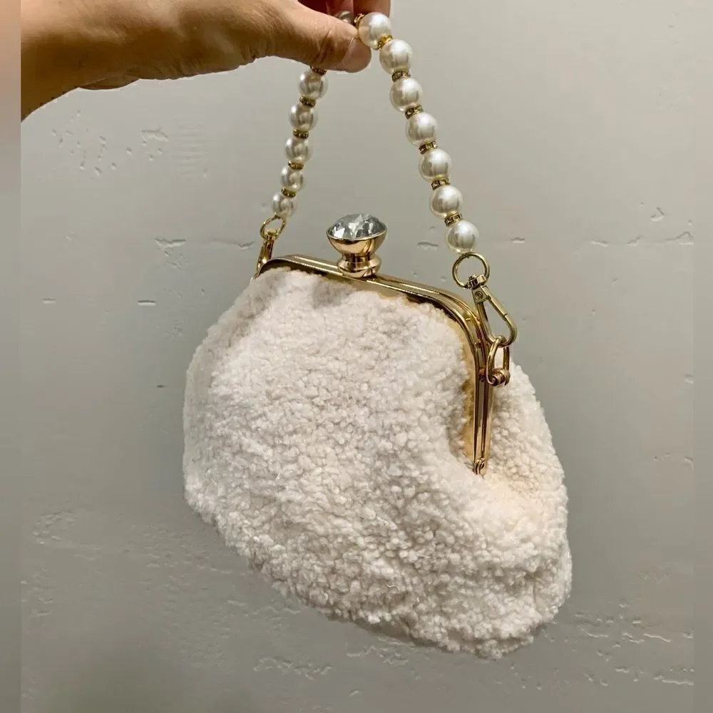2 Chain Styles Handmade Real Shearling Push lock Clutch/Wristlet/Crossbody - Picture 9 of 11